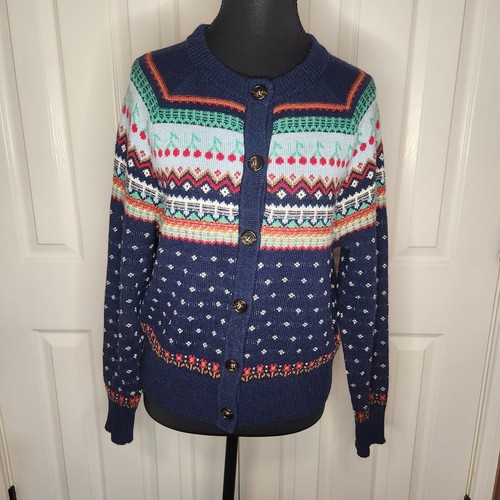 Cárdigan suéter tejido cereza Fair Isle azul lana JCrew para mujer XS - Imagen 2 de 8