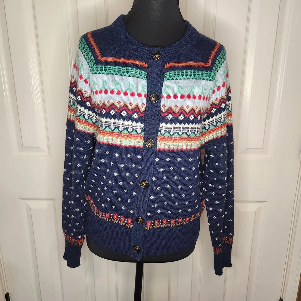 JCrew Wool Blue Fair Isle Cherry Knit Cardigan Sweater Womens XS - Image 2 of 4