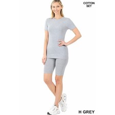 Zenana Cotton Round Neck Top  Biker shorts set H-Grey - Medium