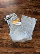 RISEN Wide-Leg Jeans Light Blue Denim Distressed Frayed Hem Women's ankle length