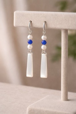 925 Sterling Silver Tanzanite & Mother of Pearl Drop Earrings 3cm Elegant