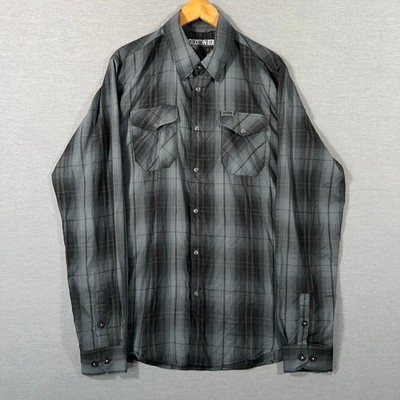 Dixxon Shirt Mens Large Tall Gray Black Plaid Button Snap The Cult Bamboo Blend
