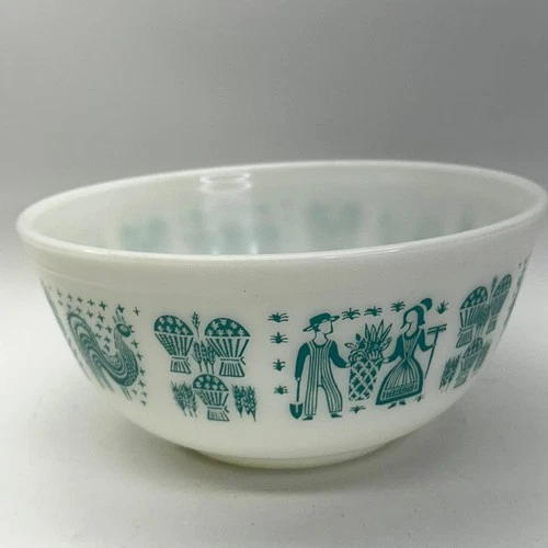 Vintage Pyrex Butterprint 403 Mixing Bowl 1 1/2 QT White Turquoise Farmhouse MCM