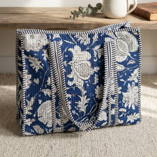 Quilted Floral Print Tote with Striped Handle...