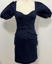 NEW Lulus Trendsetting Babe Dark Wash Denim Puff Sleeve Bustier Mini Dress S