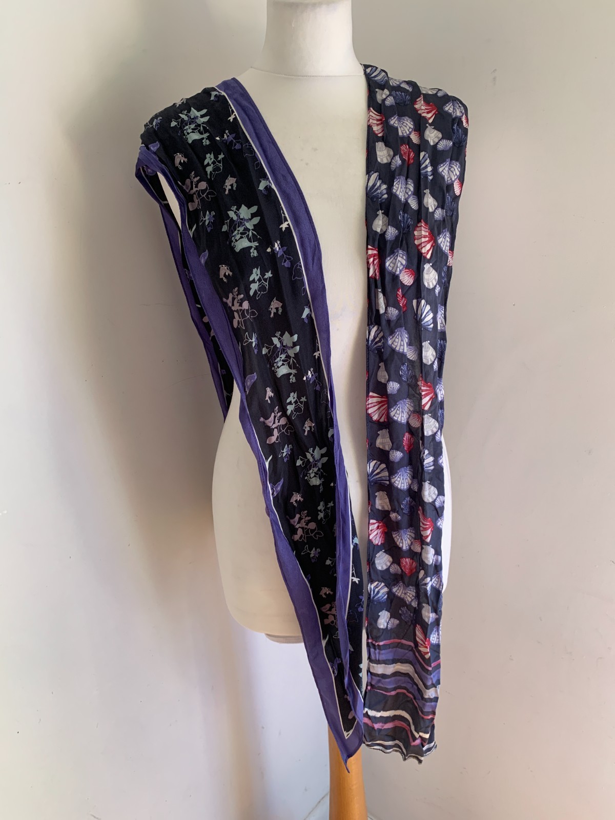 Laura Ashley x 2 pattern print silk scarf neck tie VGC shell floral bird long