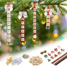 Personalized DIY Christmas Ornament Craft Kit Letter Tiles Bells Ribbon Supplies