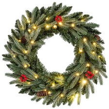 24"Pre-lit Christmas Wreath Front Door Artificial Xmas Wreath w/ Red Berries
