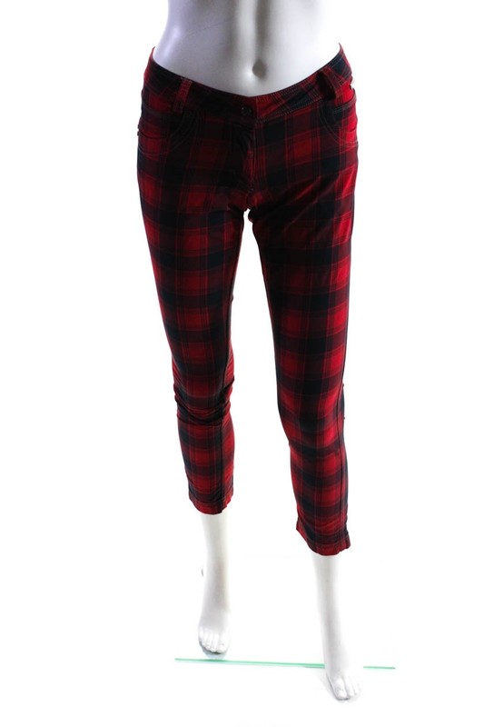 MDC Women's Zip Fly Plaid Slim Ankle Trousers Red Size 34