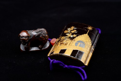 Antique Makie Inro with Shishi Netsuke w/Box Edo Period Samurai Japanese Antique - Picture 2 of 23