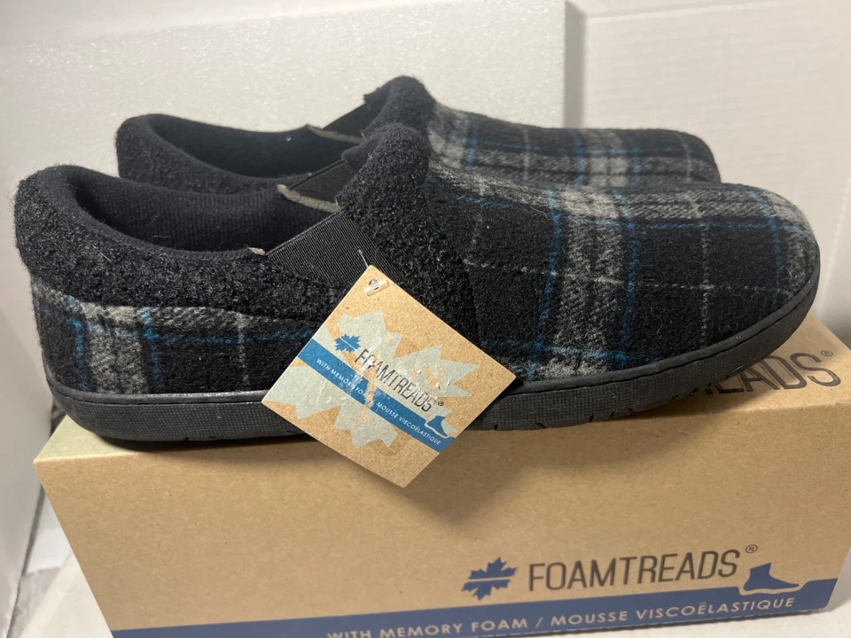 NEW FoamTreads Men 11W Jacob Slipper Black & Gray Plaid Fleece/ Rubber Sole - Image 2 of 4