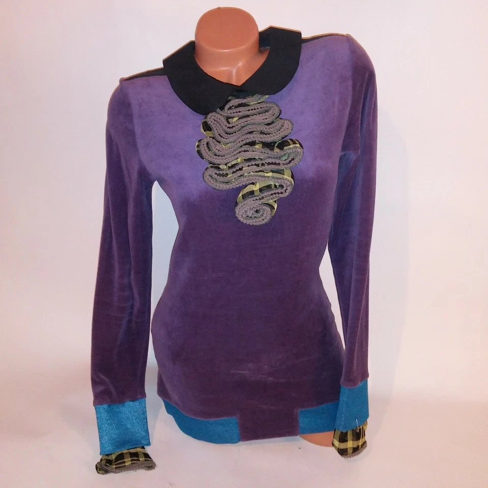 Blusa túnica feminina Nuvula roxa média xadrez veludo manga longa - Imagem 2 de 4