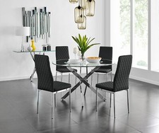 Image of NOVARA Large Round Chrome Glass Dining Table And 4/6 Faux Leather Velvet Chairs