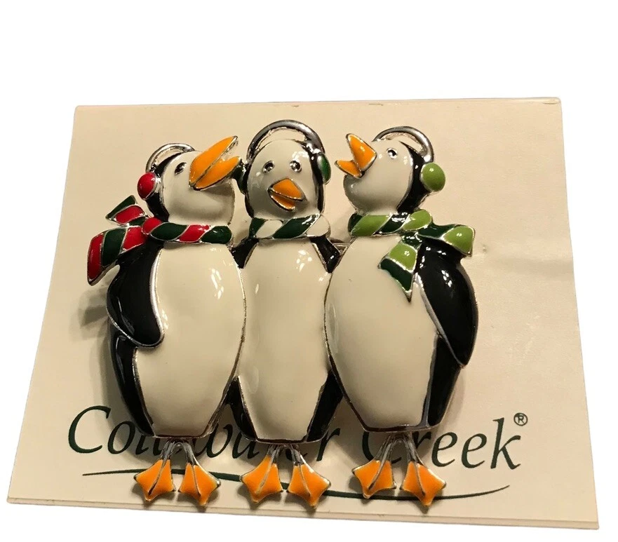 Broche de pingüinos tono plata Coldwater Creek pendientes a juego esmalte de Navidad Foto 2 de 4