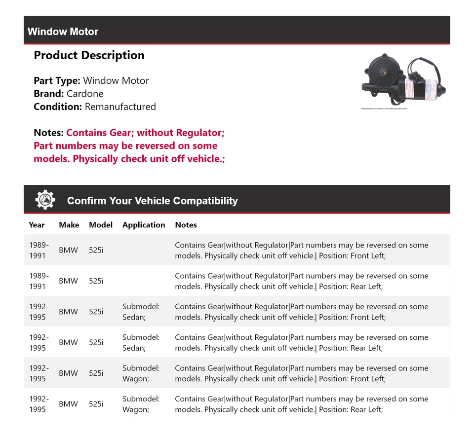 Para BMW 525i 1989-1995 Ventana Motor Cardone 1990 1991 1992 1993 1994 Foto 2 de 4