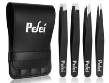 Pefei Professional Tweezers Set 4 Different Tweezers Stainless Steel Black Case