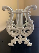 Vtg Cast Iron Lyre Harp Off WHITE TRIM Music Rack Stand Book Magazine Solid