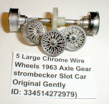 5 Large Chrome Wire Wheels 1963 Axle Gear Strombecker Slot Car Original Used