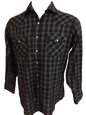 Ely Cattleman Men Long Sleeve L/S Snap Shirt Western Check Plaid Large L Black
