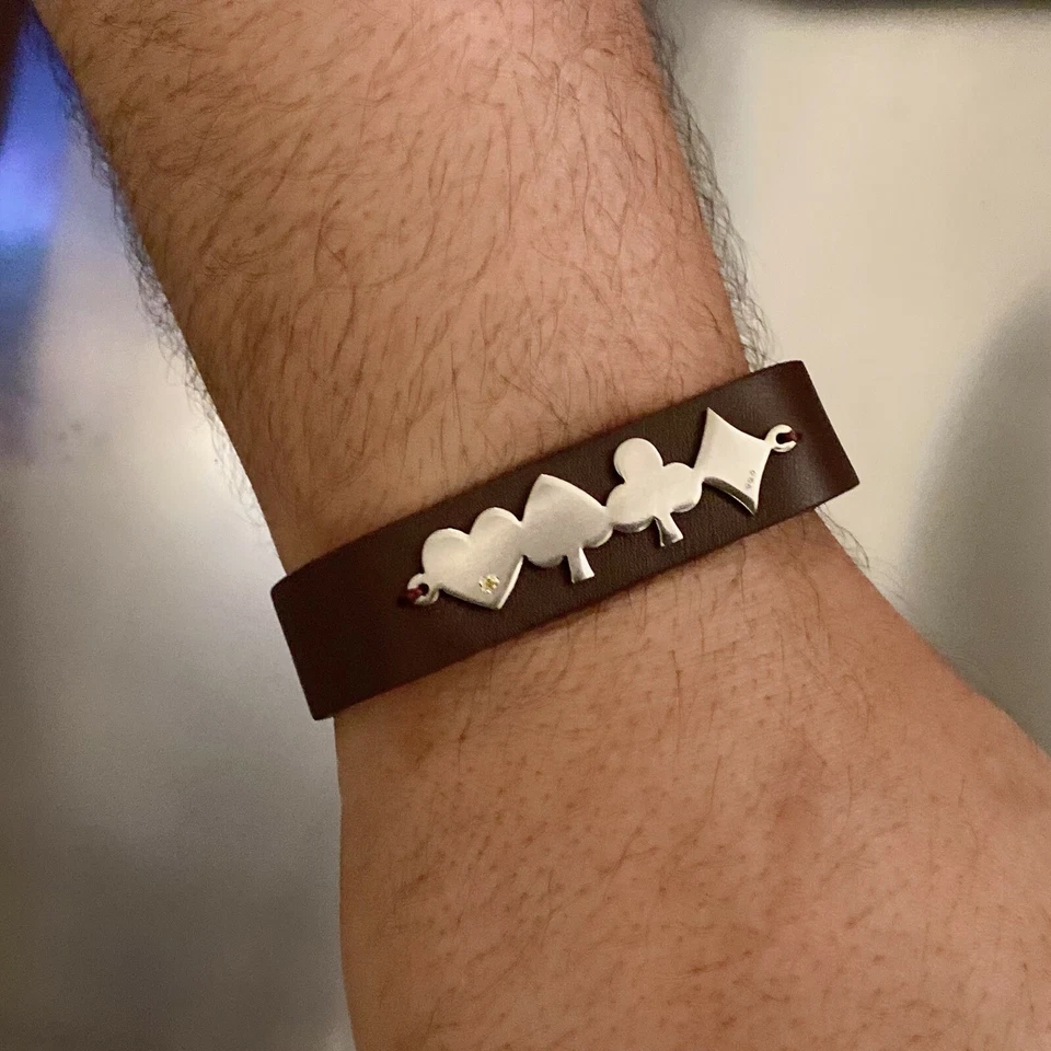 Pulsera de póquer de cartas de juego de plata de ley 925 real sobre cuero genuino regalo Foto 2 de 4