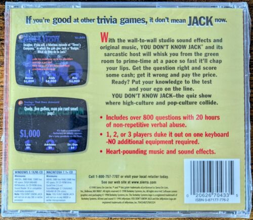 You Don't Know Jack CD-ROM 1998 Windows 3.1 95 Mac OS 7.1 - Brand New, Sealed! - Picture 2 of 2
