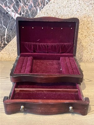 Vtg Style Mahogany Brown Wooden Jewelry Chest Velvet Organizer Box 11''x4 3/4''