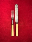 SCARCE CIVIL WAR ERA SOLDIER'S BONE HANDLE KNIFE & FORK / MAKER MARK