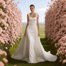 Spaghetti Strap Square Neck Satin Wedding Dress Zipper Sweep Train Bride Gowns
