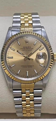 ROLEX DATEJUST 16233 GOLD & STEEL 36MM WATCH CHAMPAGNE STICK 18K FLUTED BEZEL