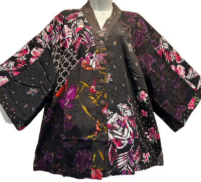 Nwt SACRED THREADS patch hippie boho funky rayon kimono TOP TUNIC 2X Free shipp