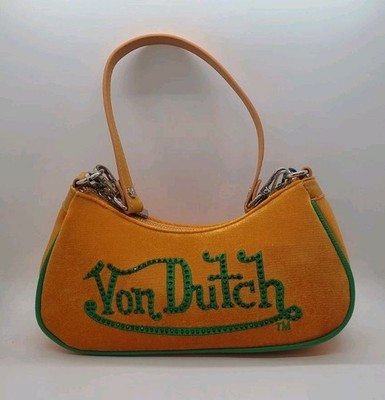 Von Dutch Orange & Green Rhinestone Velvet Shoulder Bag Purse  Great Color New!