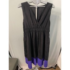 DKNY Donna Karan Black Purple Sleeveless Dress V Neck Elastic Waist Women's L