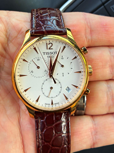 Tissot Tradition Quartz Chronograph Date Gold Tone 42mm Brown Leather Watch