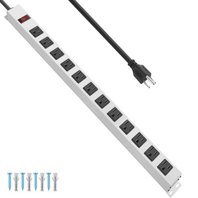 JUNNUJ Metal 12 Outlet Power Strip, Mountable Heavy Duty Power Strip, 1200J