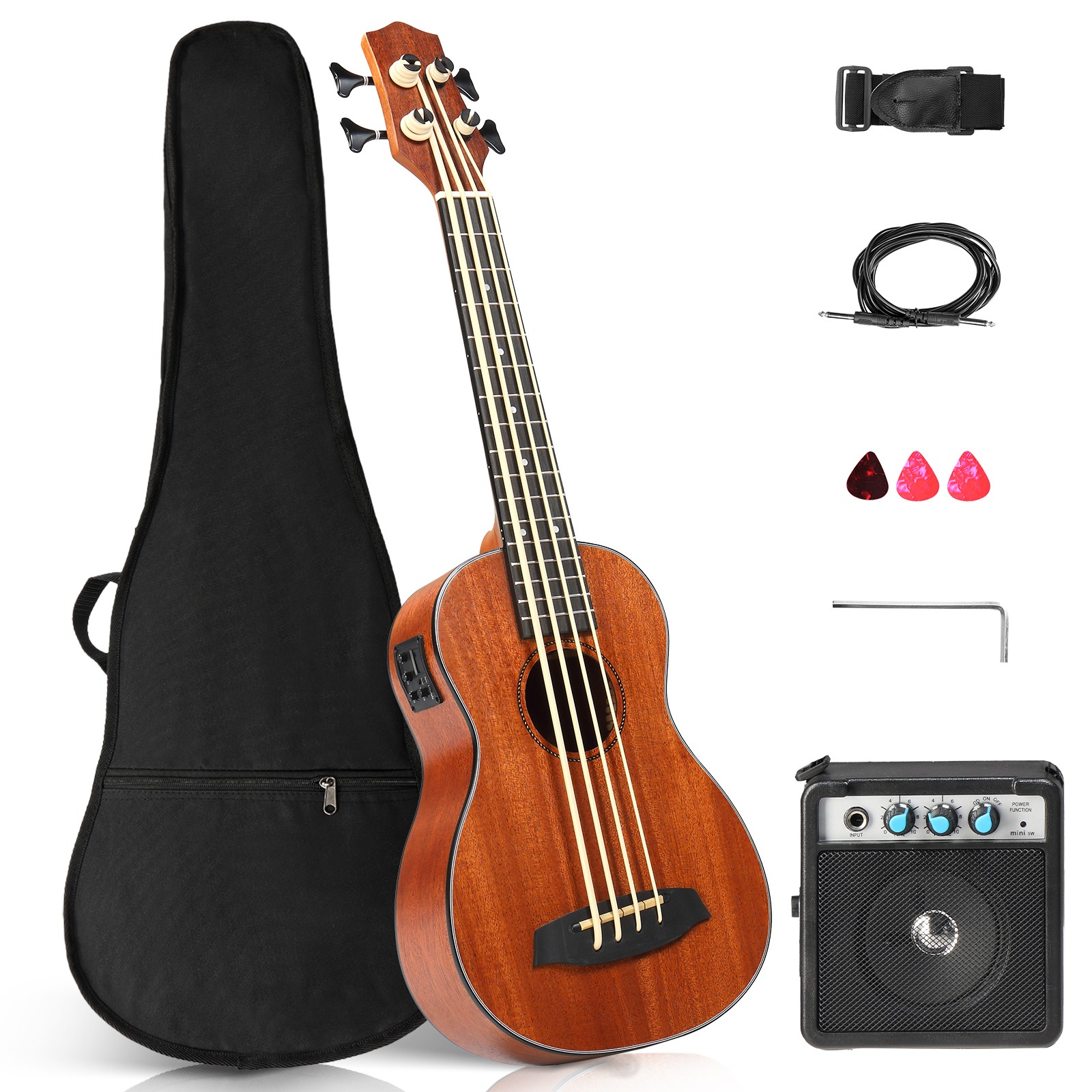 30-inch Ukulele Bass Mahogany Body with EQ, with Cotton Bag & Portable AMP