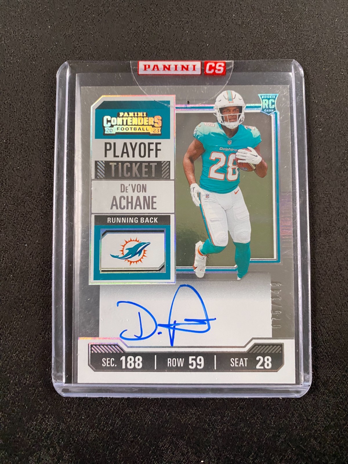 DE'VON ACHANE 2023 CONTENDERS ROOKIE PLAYOFF TICKET AUTO /149 #109