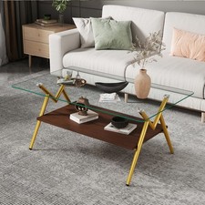 Rectangle Coffee Table, Tempered Glass Top, Gold Metal Legs, Modern Clear