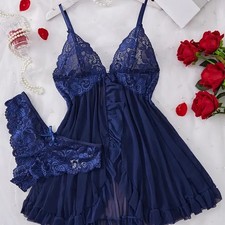 Women's Blue Lace Lingerie Set Ruffle Trim Sheer Nightdress Deep V Mini Dress