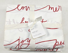 Pottery Barn Sentiment Script Words Cotton QUEEN 4 Pc Sheet Set Christmas NWOT