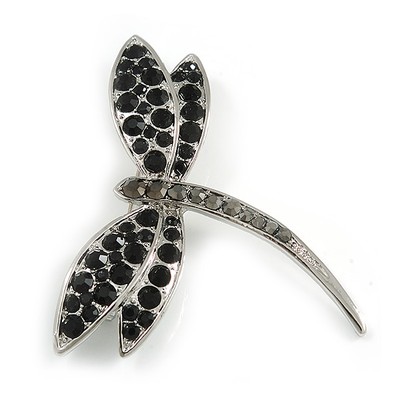 Klassische schwarze Kristall Libelle Brosche in Silberfarben - 60 mm quer