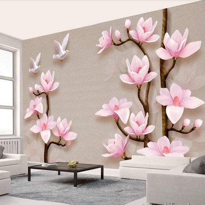 3D Wandrelief Magnolien Blüten Vögel Schmuck Design Vlies Fototapete 4782