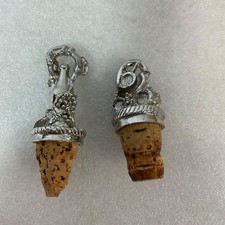 2 Metal Top Wine Bottle Cork Stoppers Grape Barrel Figural Barware