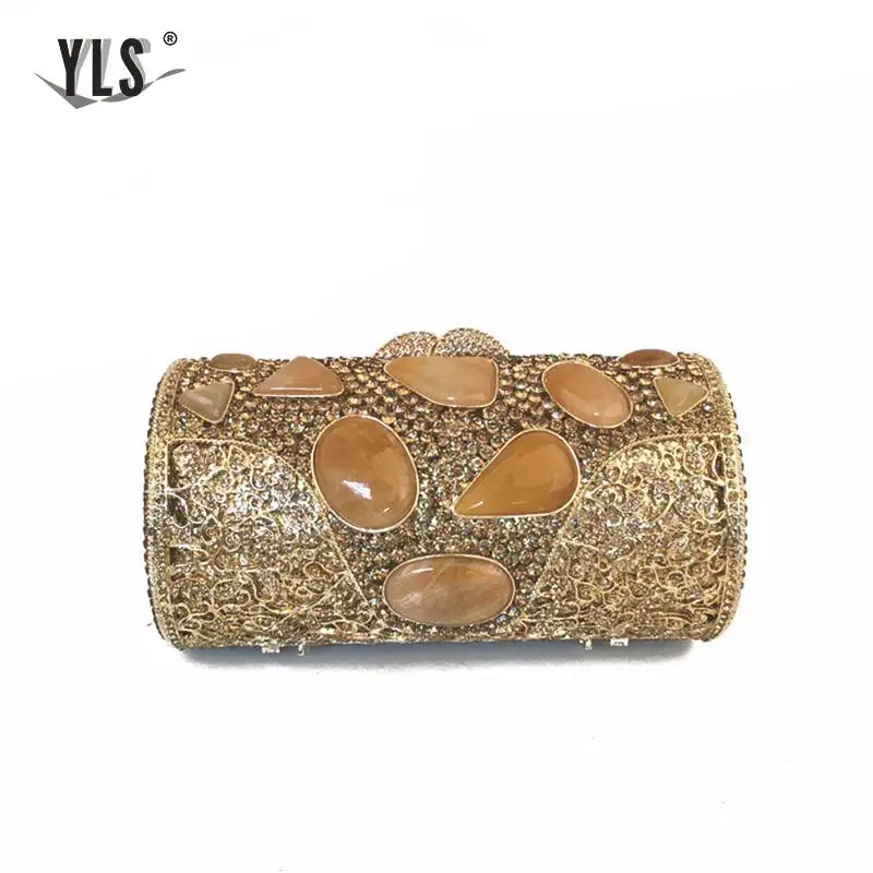 Moda Dama Bolso de Mano Bolso sin asas de metal cristal con bandolera de piedra Bolsos de noche
