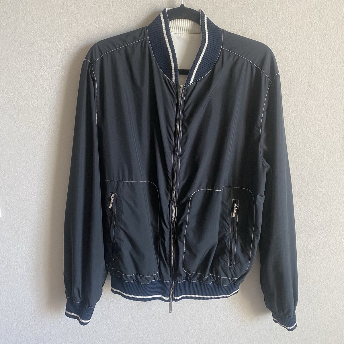 CANALI Rain & Wind Tech Bomber Reversible Blue/White Jacket Zip Up 