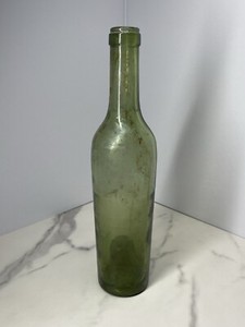 Antique 1860s Green Wine Bottle 9.5"x 2.5"Hand Blown w/Huge Kickup & Sheared Lip