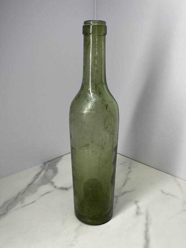 Antique 1860s Green Wine Bottle 9.5"x 2.5"Hand Blown w/Huge Kickup & Sheared Lip