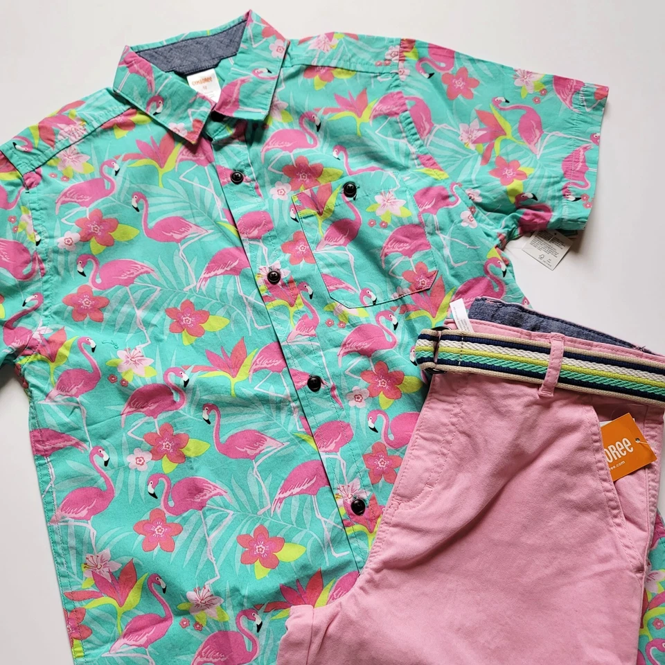 Conjunto Pantalones Cortos Gymboree Boys Tropical Paradise Talla 12 Verde Flamenco Rosa Nuevo con Etiquetas  Foto 4 de 4