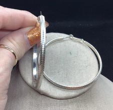 Vintage Silver Tone Costume Large Unique Design Hoop Earrings E702