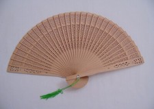 Vintage 1960's Carved Sandlewood Hand Fan Beige Green Tassel NIB  65