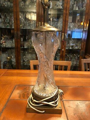 Vintage Bohemian Cut Crystal Glass & Brass Table Lamp, 21'' Tall, 6 1/2'' x 6 1/2''